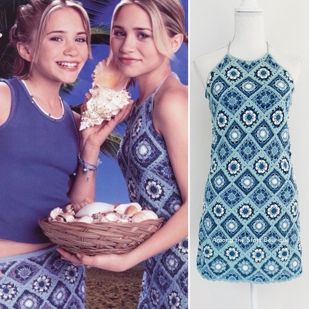 Very Rare Y2K Vintage Blue Floral Halter Knit Dress ASO Mary-Kate + Ashley Olsen